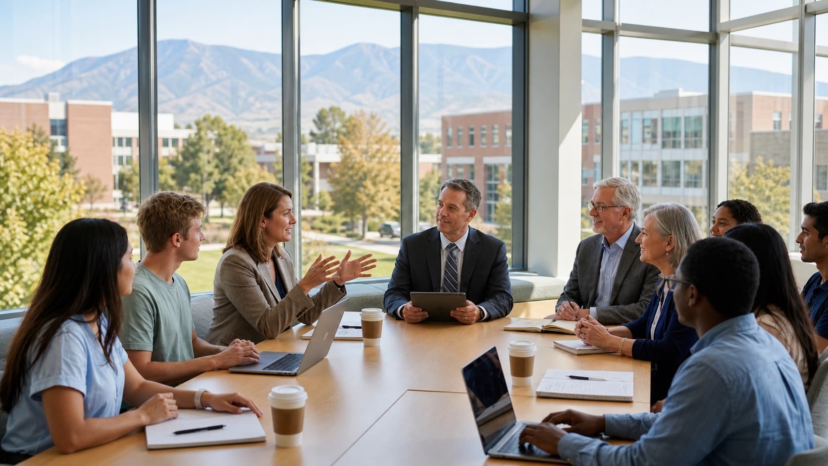 Diverse university group collaborating in a modern university library environment